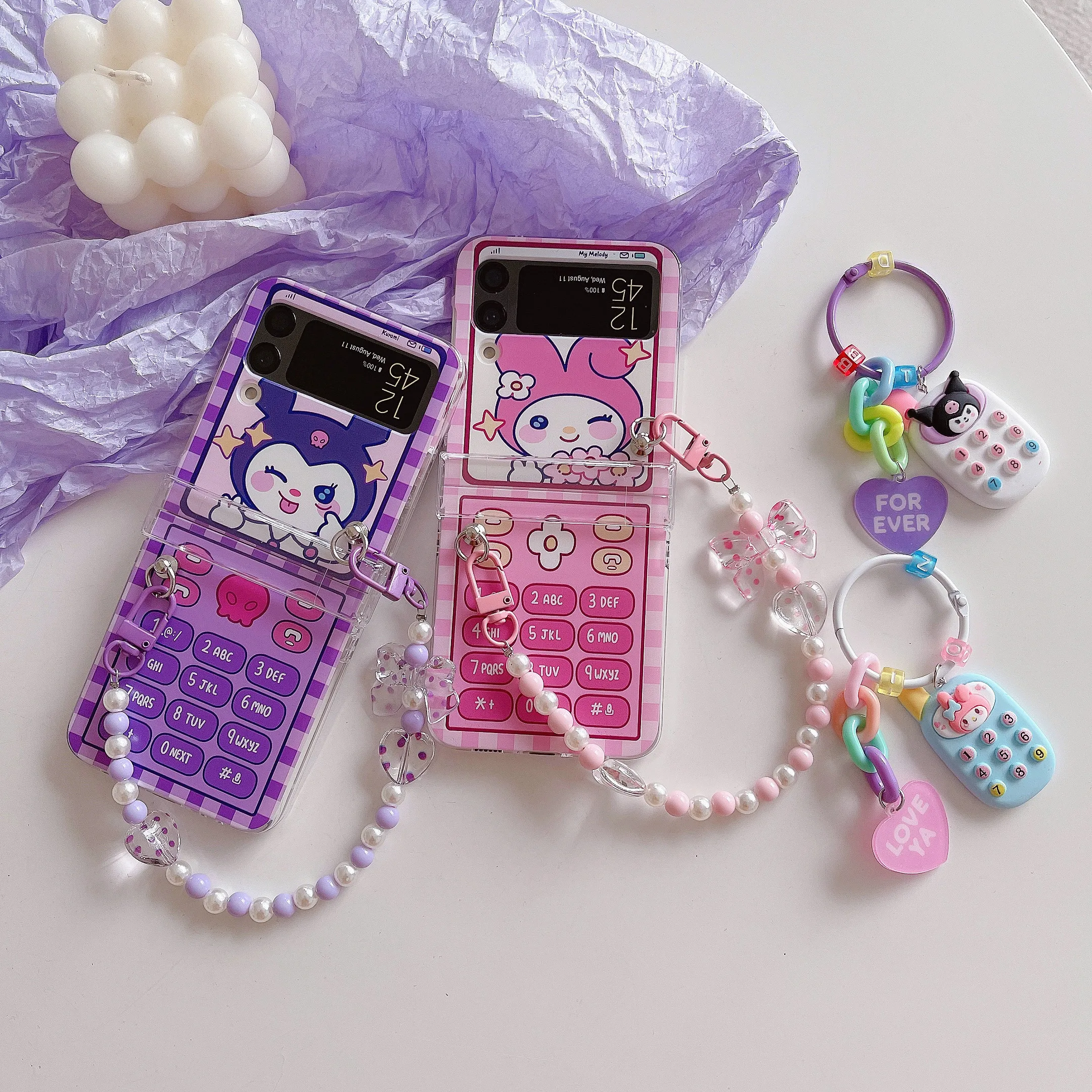 For Samsung Galaxy Z Flip 5 Flip 4 3 Cartoon Hello Kitty Chain Phone Case  Cover