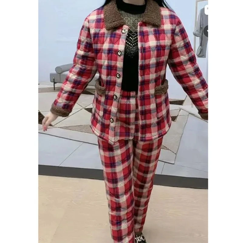 Single Piece/Suit Plaid Winter New Plush Cotton Jacket Warm Cotton Pants Suit Mother's Loose And Slim Cotton Suit Two-Piece Set