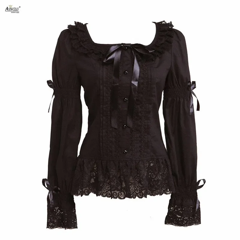 

Womens Lolita blouse Gothic fashion high quality elegant court cotton black long sleeves lace vrsatile occasion Lolita blouse