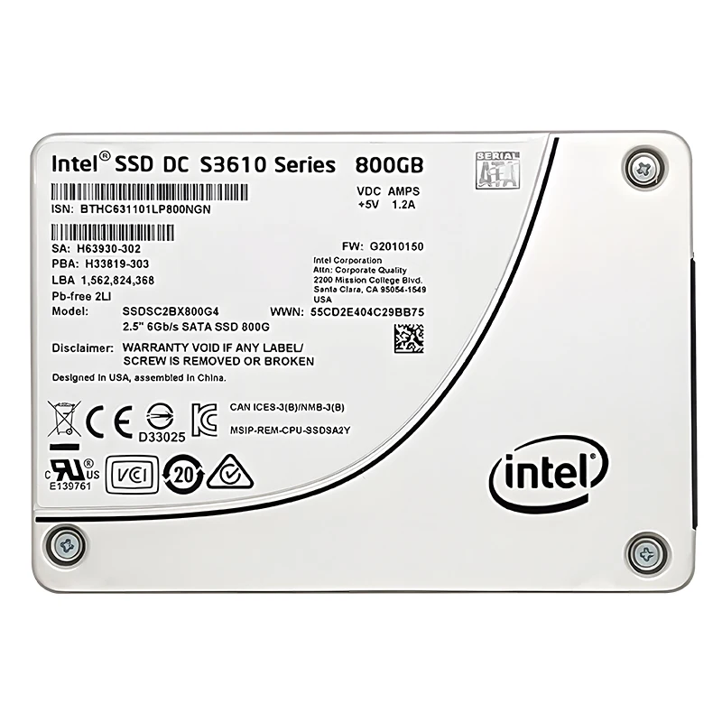 Used SSD DC S3610 800GB Enterprise 2.5" 6Gb/s SATA Solid State Drive For Intel, Health level is greater than 95+, Spot delivery
