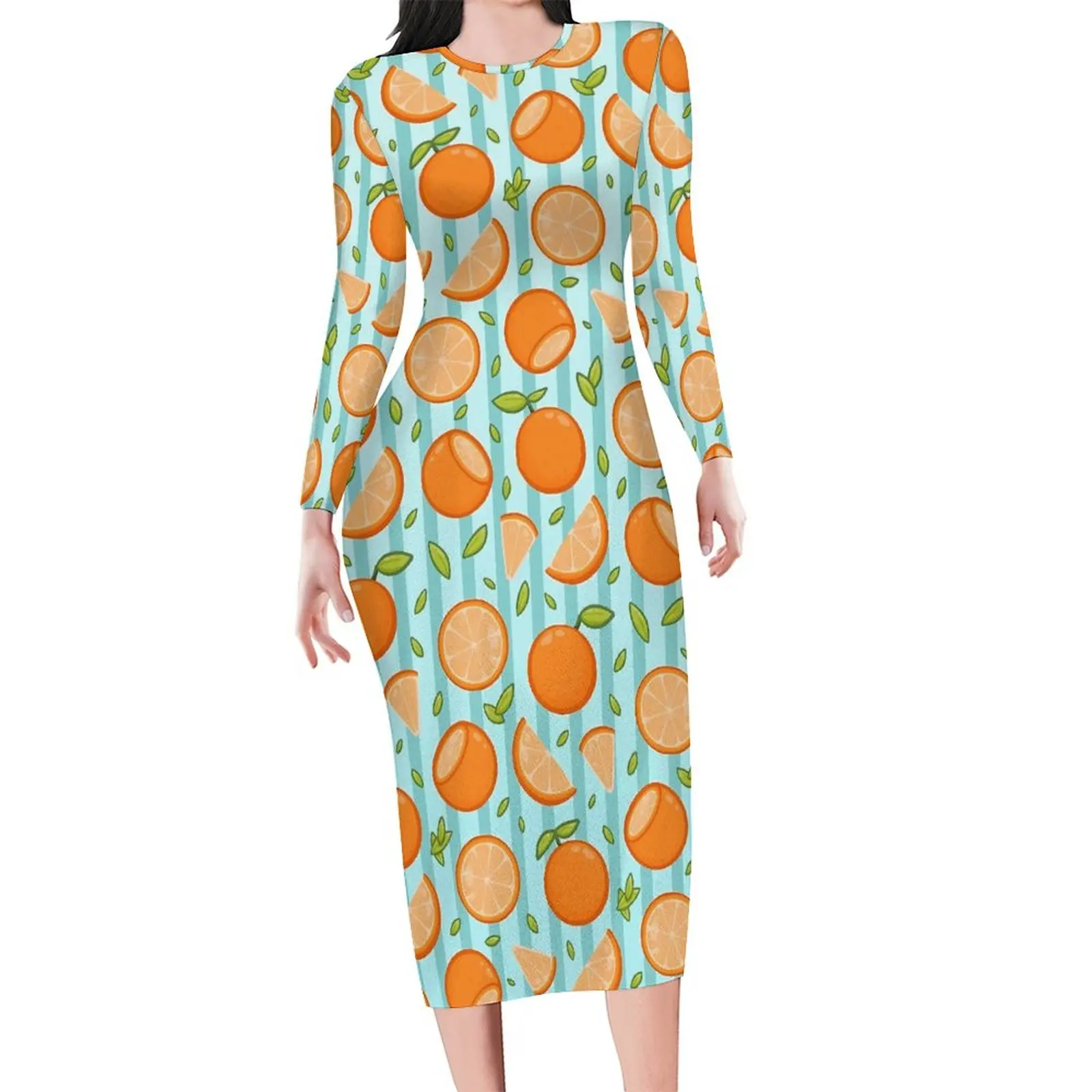 

Oranges Print Bodycon Dress Autumn Fruits Sexy Dresses Women Long Sleeve Design Street Fashion Dress Large Size