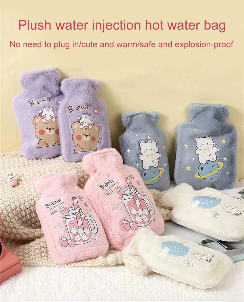 250/500/750ML Hot Water Bottle Plush Portable Thick Hot Water Bags