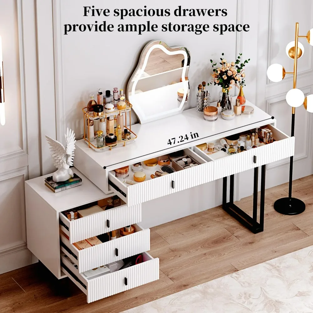 Vanity desk with mirror and lights, 3 Color Touch Screen Dimming Mirror, Adjustable Cabinet and 5 Sliding Drawers, Power Strip 6