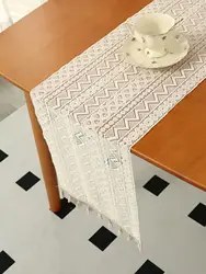 Elegant Beige Lace Table Runner with Tassel - Cotton Blend Fabric - 30x260cm (Khaki)