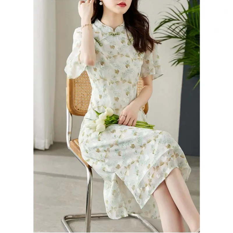 

Improved Chiffon Cheongsam Trumpet Sleeve Vintage A-Line Dress Slim Women Elegant Floral Chinese Style Qipao S To XXL