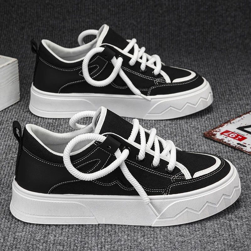 

2024Male Canvas Shoes Patchwork Men's Sneakers Korean Style Comfortable Platform Shoes Men's Breathable Lace-Up Vulcanized Shoes