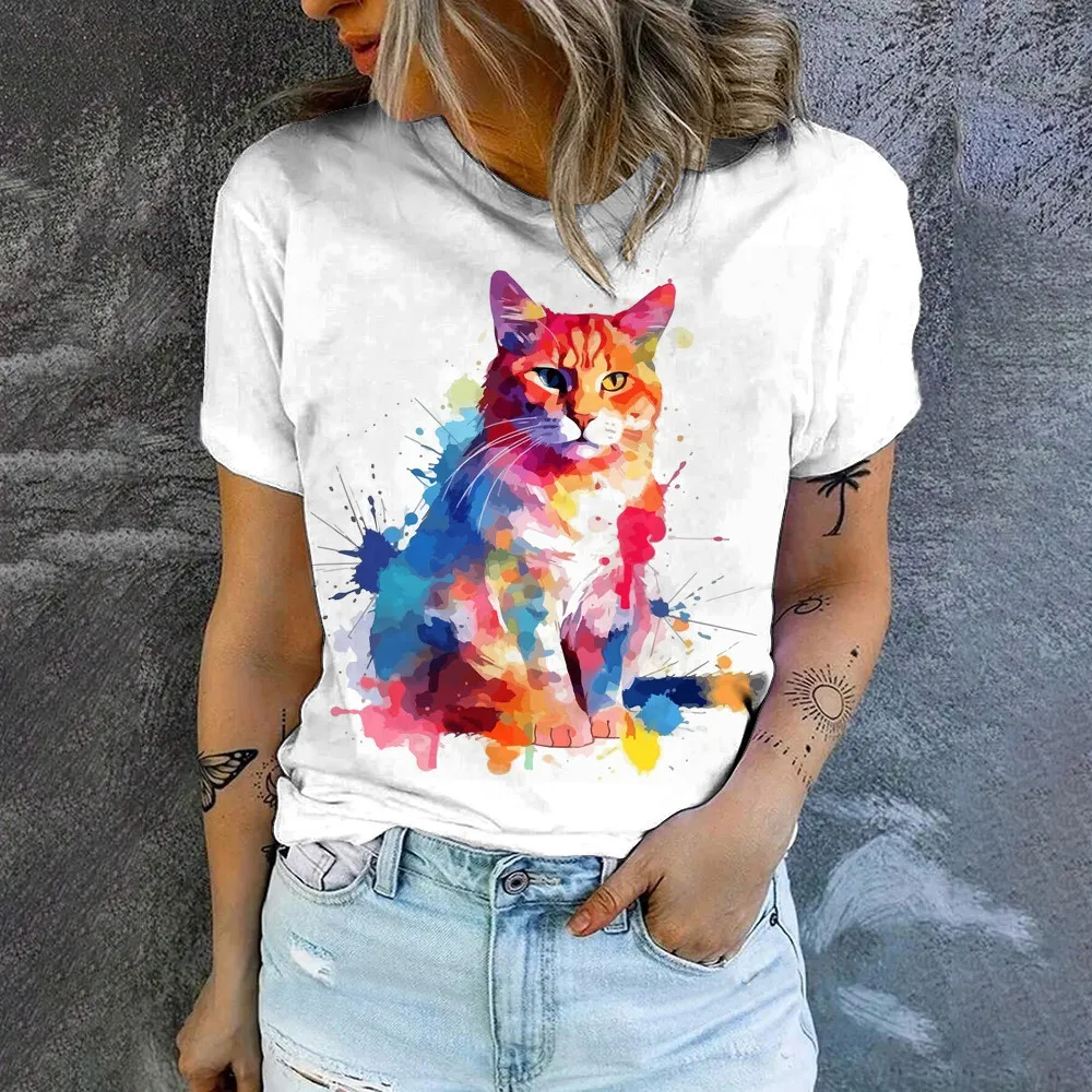 Casual Sports Comfortable O-Neck Short Sleeve Top Summer New Loose Breathable T-shirt Fashion Cat Print Women Short Sleeve