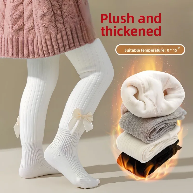 Collants chauds en velours d'hiver pour filles, collants d'hiver en coton avec nœud papillon mignon pour enfants de 0 à 10 ans