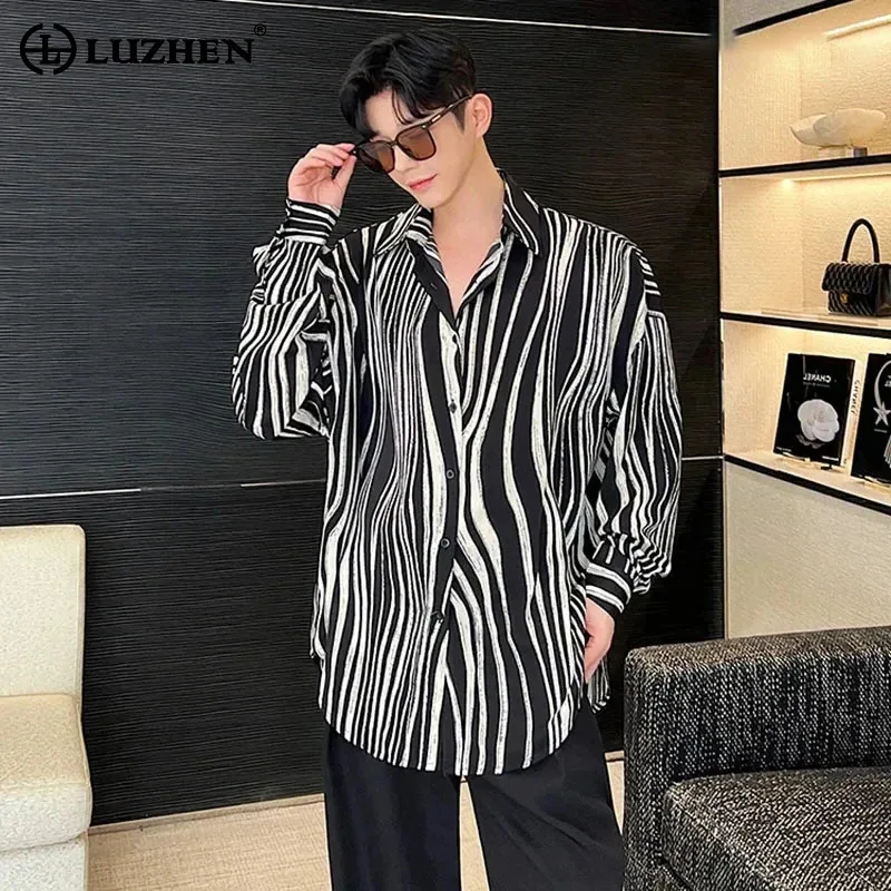 

LUZHEN Sleeve High 2024 Elegant Stylish Shirts Long Men's Street Trendy Color Contrast Stripe Printed Design Casual Tops LZ2358