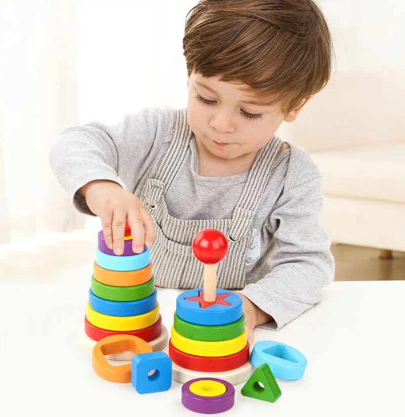 Baby Rotating Rainbow Tower Montessori Baby Stacking Puzzle Toys Safety Early Educational Toy Safety Colored Children's Toys