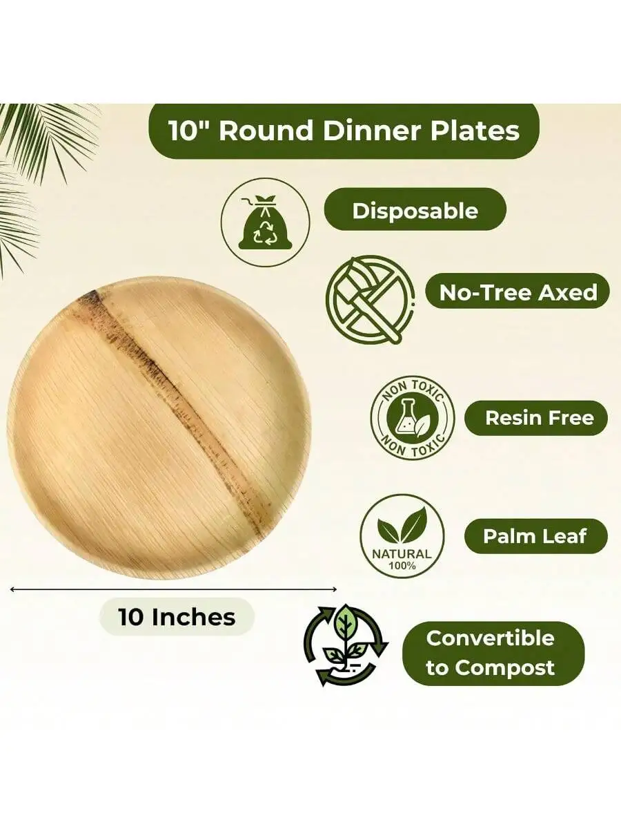 Dtocs Bamboo Plate Disposable Like 10 Inch Round Palm Leaf Plate 100 Elegant Sturdy Compostable Dinner Dinnerwar