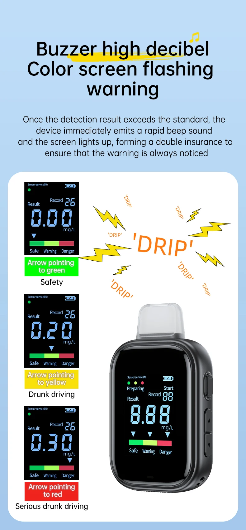 Digital Breath Alcohol Tester Portable Breathalyzer LCD Color Screen USB Recharg
