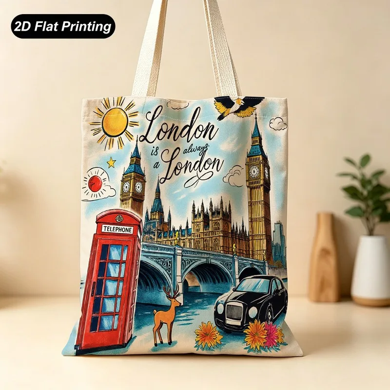 1PC【Tote Bag】Chic London-Style Printed Tote - Large Capacity for Shopping, Travel, and Daily Commute