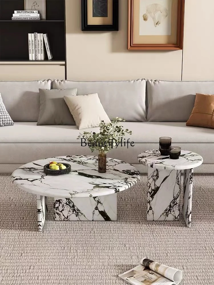 

French Entry Lux Household Marble round Tea Table Side Table Small Apartment Cream Style Tea Table Combination