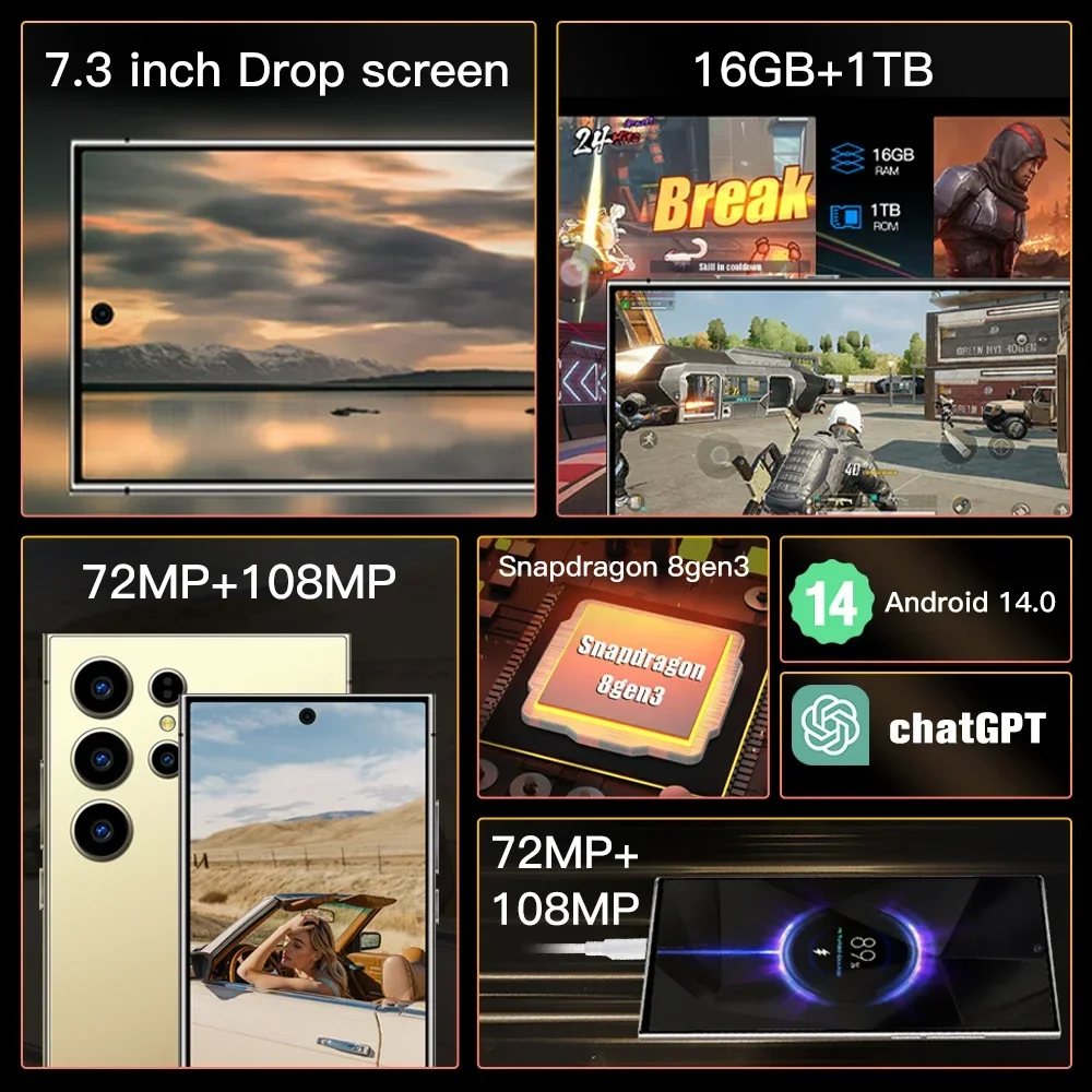 Оригинальный смартфон S24Ultra 5G Android 7,3 дюйма HD полноэкранный ...