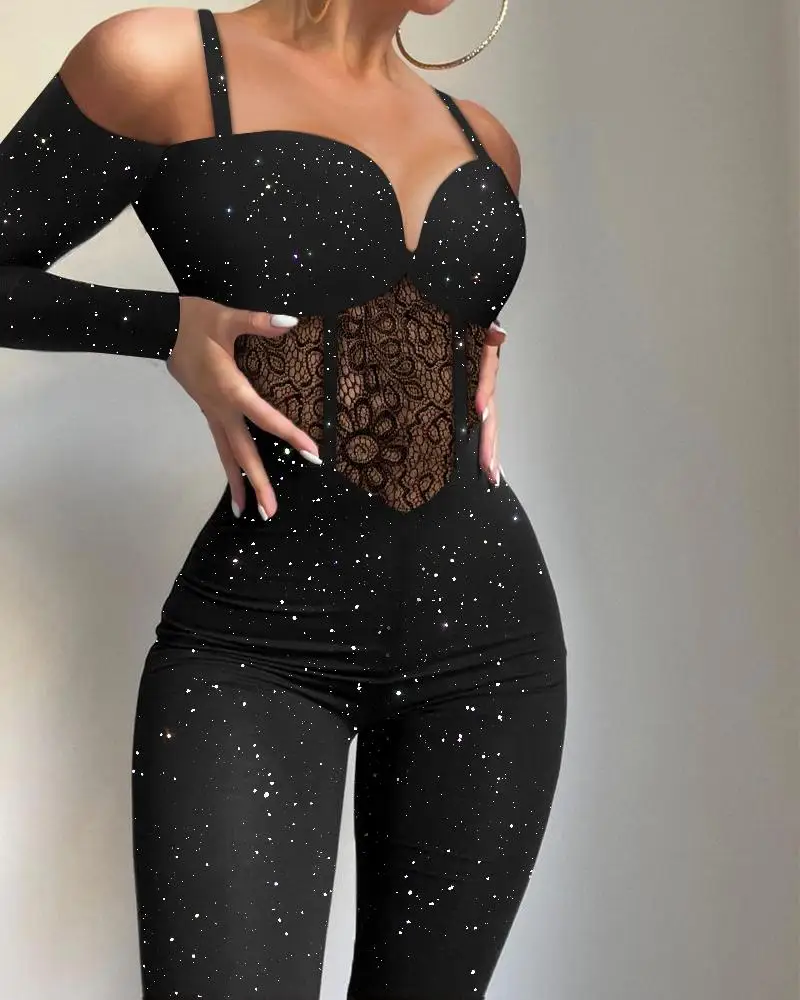 

Fashion Women's Jumpsuit 2023 New Lace Patchwork Thin High Waist Glitter Cold Shoulder Contrast Lace Corset Jumpsuit