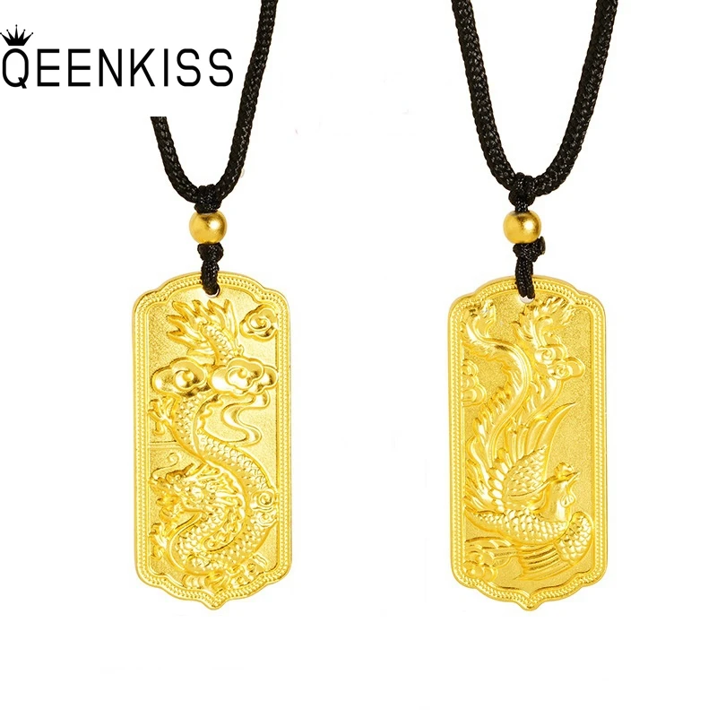 

QEENKISS 24KT Gold Vintage Dragon Phoenix Necklace Pendant For Women Man Couple Jewelry Wedding Party Bride Broom Gift PT5157