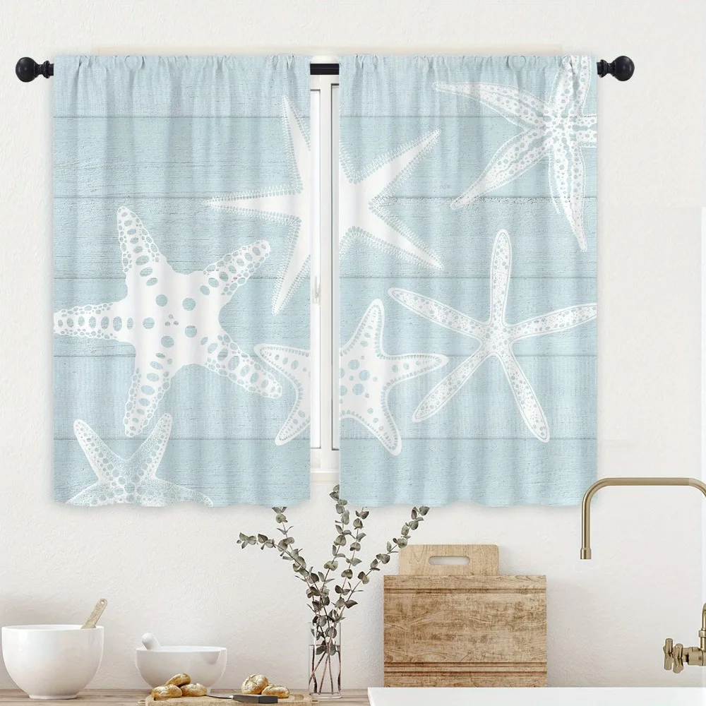 Description Picture 2 of item2Pcs Beach Coastal Starfish Kitchen Curtain Nautical Summer Window Treatment for Living Room Home Decor Cafe Cabinet Decoration