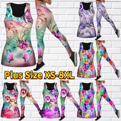 Women's 3D Colorful Flower Print Yoga Tank Top Set Fashion Sports Sleeveless Tank Top Pants Set Two Piece Set XS-8XL