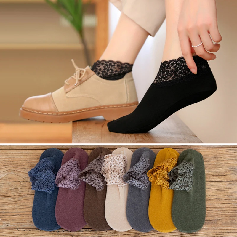 Description Picture 2 of itemWomen Low Lace Tube Thermal Socks Vintage Cute Thick Plus Velvet Warm Home Floor Socks Autumn Winter Anti-slip Sock Slippers