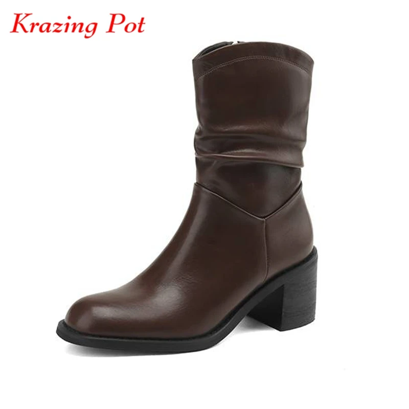 

Krazing Pot 2024 Cow Leather Round Toe Thick High Heels Chelsea Boots Winter Shoes Pleated Decoration Formal Dress Ankle Boots