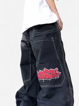 Vintage 2000s Wexwear Black Pants Men Women Hip Hop Embroidered Y2k Baggy Jeans Streetwear Harajuku High Waist Wide Trouser 1