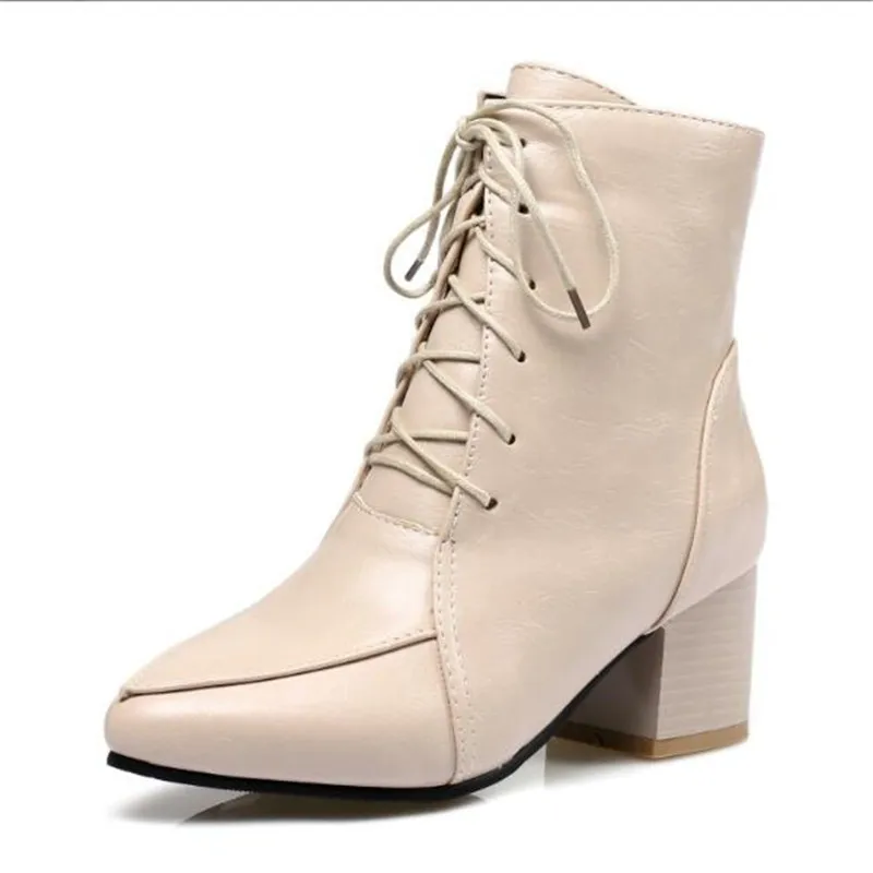 Size32-45 Autumn Winter Women Ankle Boots Plush Female Boots Fashion High Heel Women Work Shoes Pointed Toe Lace-Up Women Shoes