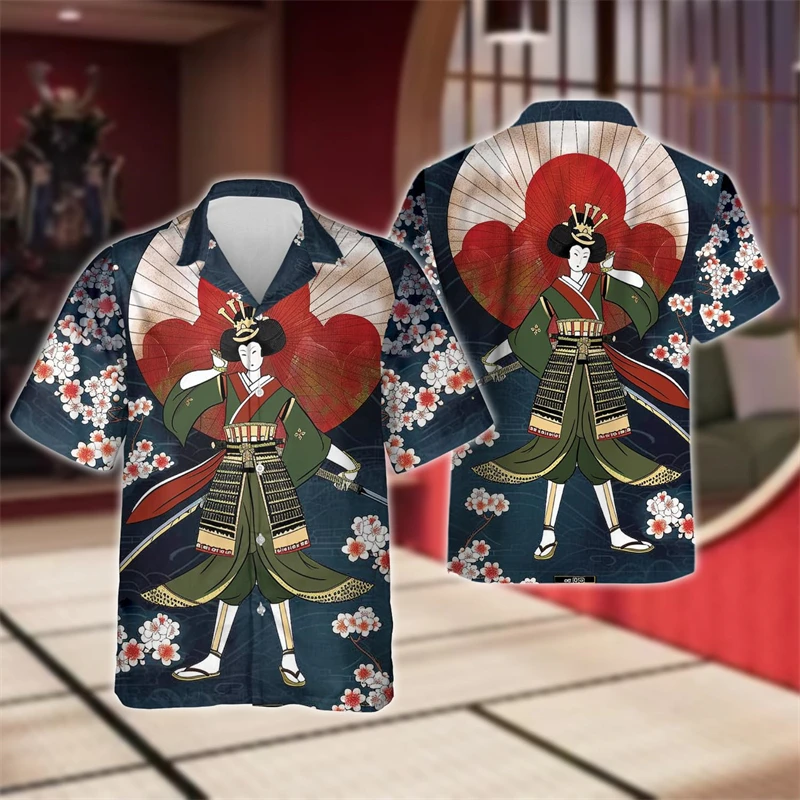 

Japanese Warrior 3D Print Shirts For Men Clothes Hip Hop Samurai Beach Shirt Fashion Male Short Sleeve Blouses Knight Lapel Tops