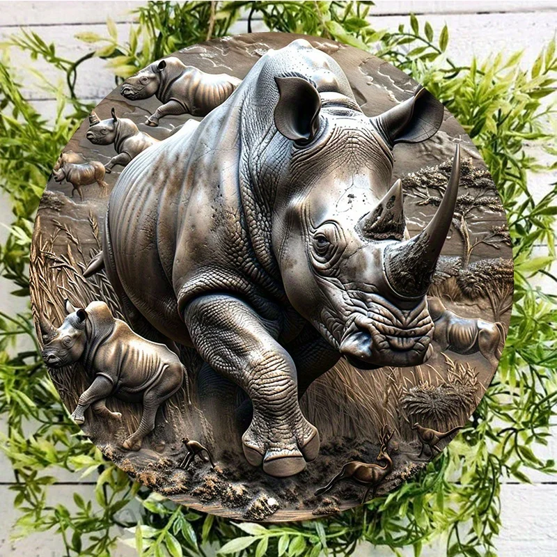 WaterproofAluminumRhinocerosWallArtDecorSignRoundHigh