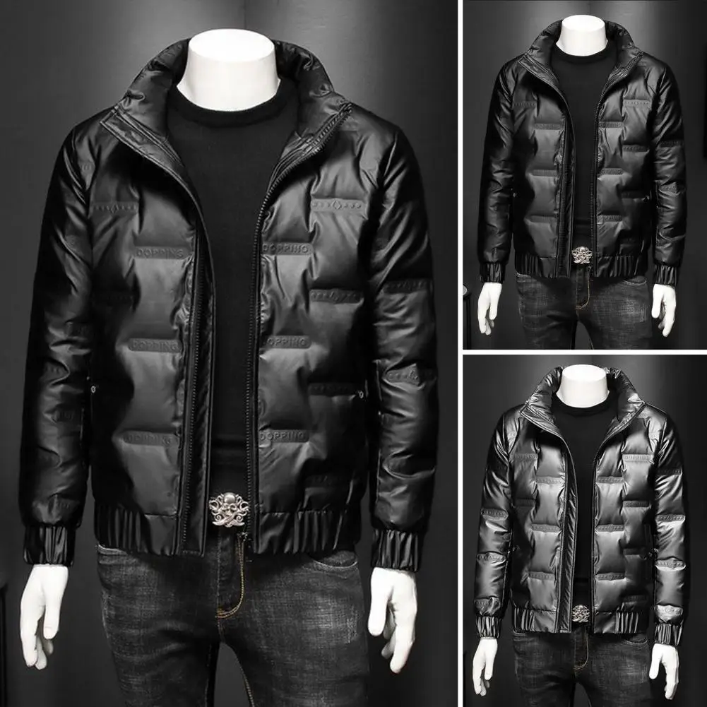 

Men Down Cotton Jacket Autumn Winter Long Sleeves Stand Collar Cuffed Zipper Casual Regular Fit Shiny Solid Color Warm Male Shor