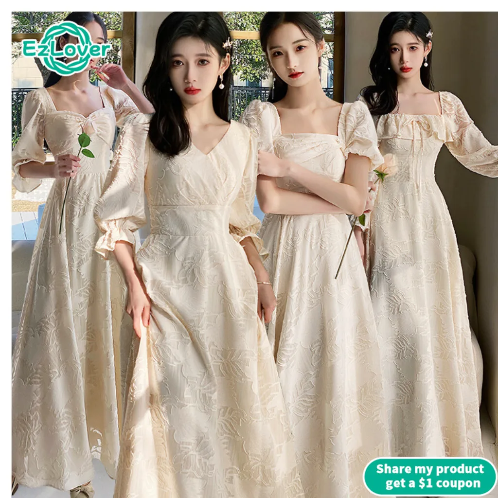 

Champagne Bridesmaid Long Satin Dresses Elegant Prom Gown Vestido De Festa Longo Boat Neck Half Sleeve Formal Wedding Guest Gown