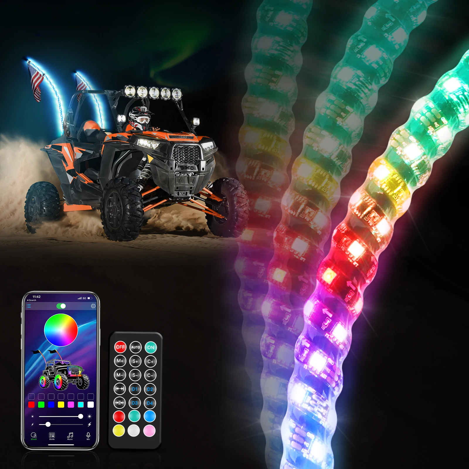 Bevinsee 3/4/5/6Ft Flessibile Led Whip Light Bluetooth E Telecomando Antenna Whip Light Per Polaris Rzr, Per Can-Am Maverick X3