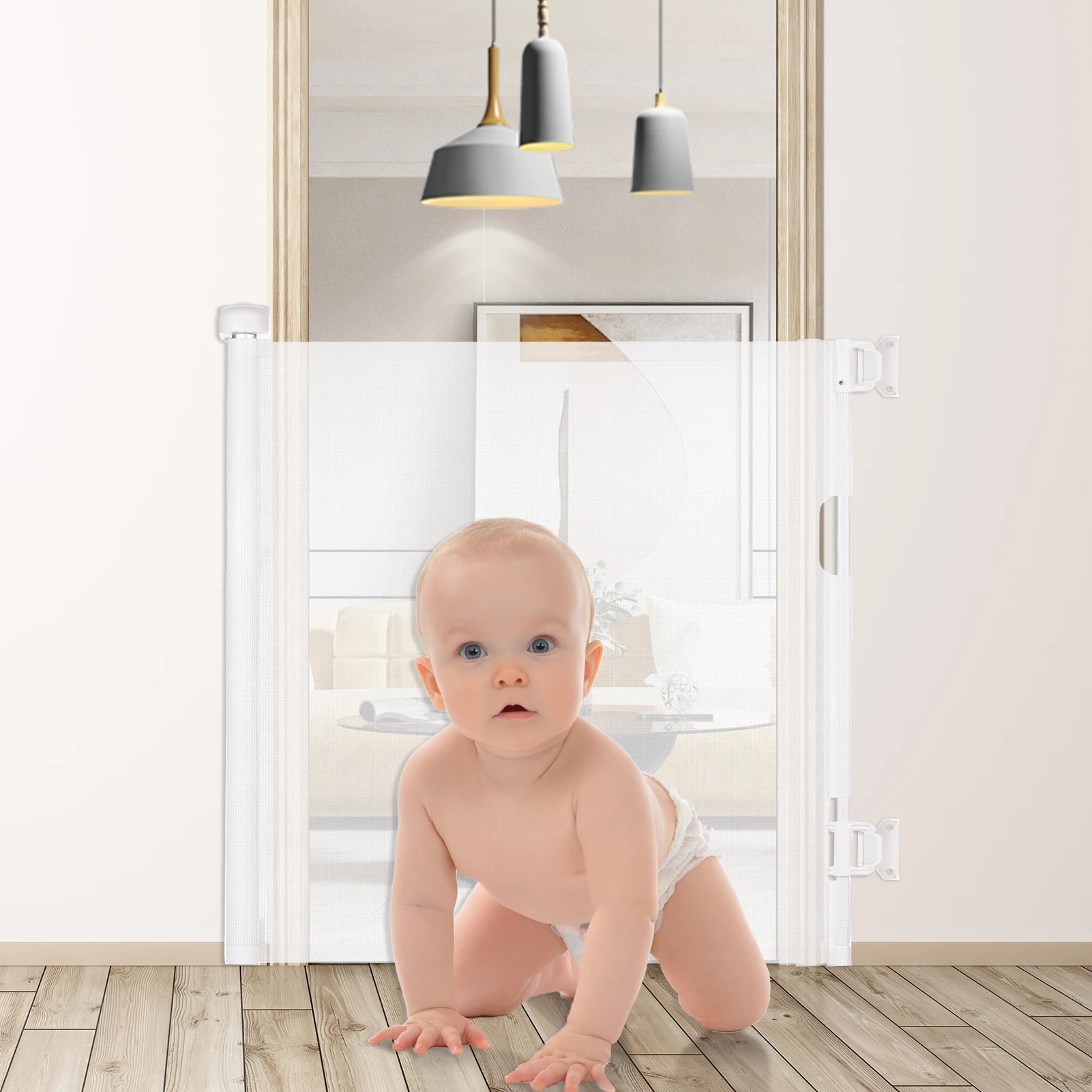 Retractable Baby Gate Indoor/Outdoor Safety Gate for Kids Pets Mesh Fence Safety Barrier for Stairs Hallways Bedroom Doorways