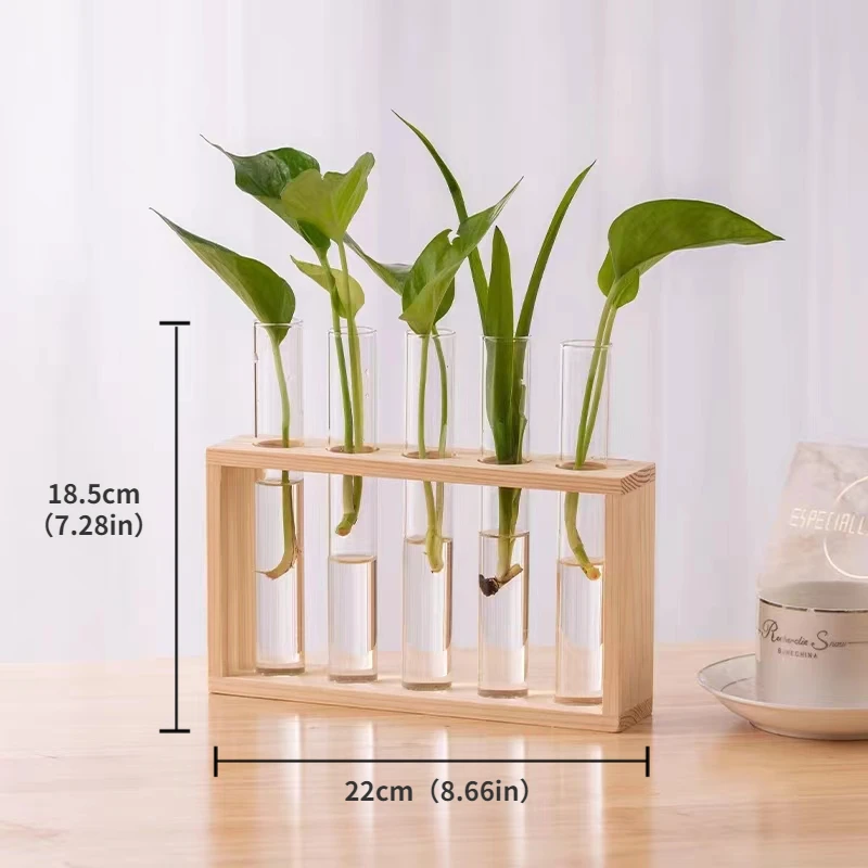 Simple Nordic Test Tube Glass Vase Decoration Creative Wooden Frame Hydroponic Plant Container Home Decoration