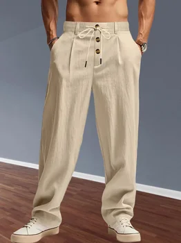 Pantaloni sportivi da uomo in cotone e lino primaverili e autunnali, casual, vestibilità ampia, comodi, pantaloni da spiaggia in tinta unita per il tempo libero 1