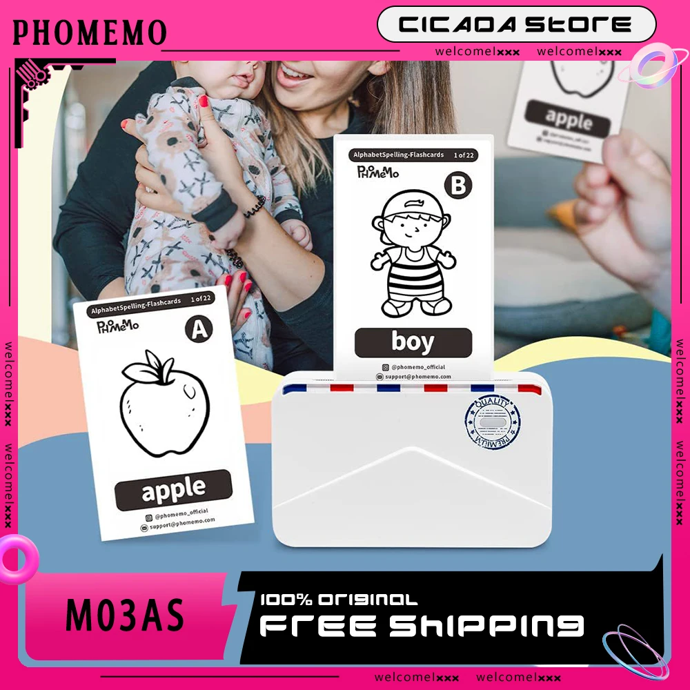 Phomemo M03as 미니 휴대용 열전사 프린터, 잉크리스 노트 프린터, 포켓 프린터, 라벨 프린터용 용지, 300dpi, 15mm, 53mm, 80mm 크기 