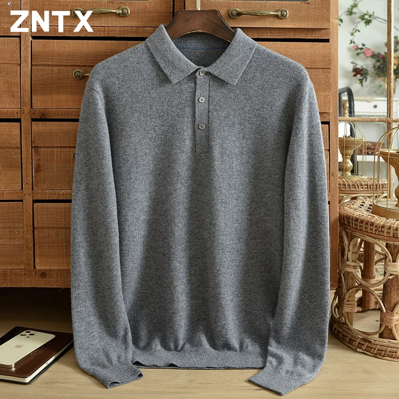 New autumn and winter men's pure cashmere sweater solid color shirt collar button business casual middle-aged dad big size