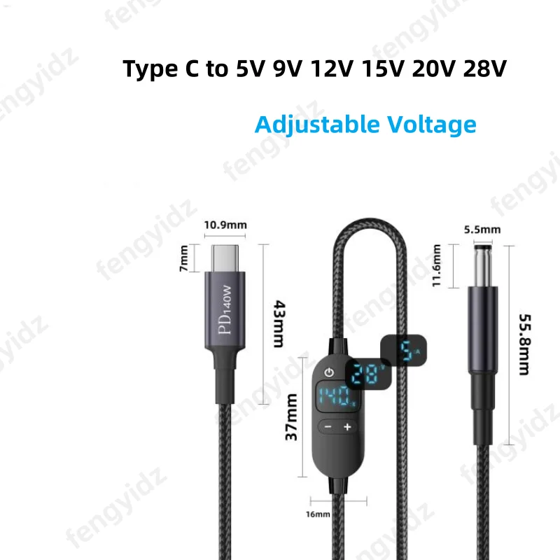 USB C-DC 전원 부스트 케이블 140W 타입 C-5V 9V 12V 15V 20V 28V 조절 가능 전압 어댑터 연결 코드 (노트북, 라우터용)