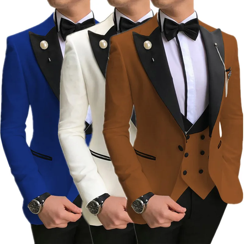 

Suit Vest Pants 3 Pcs Set / Fashion Men's Casual Business Wedding Jacket Personality Contrast Black Collar Blazers Trousers