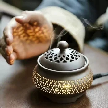Premium Electric Incense Burner Ceramic – Rechargeable Aroma Diffuser for Home Office Yoga – Luxury Scent Warmer with LED Light 1