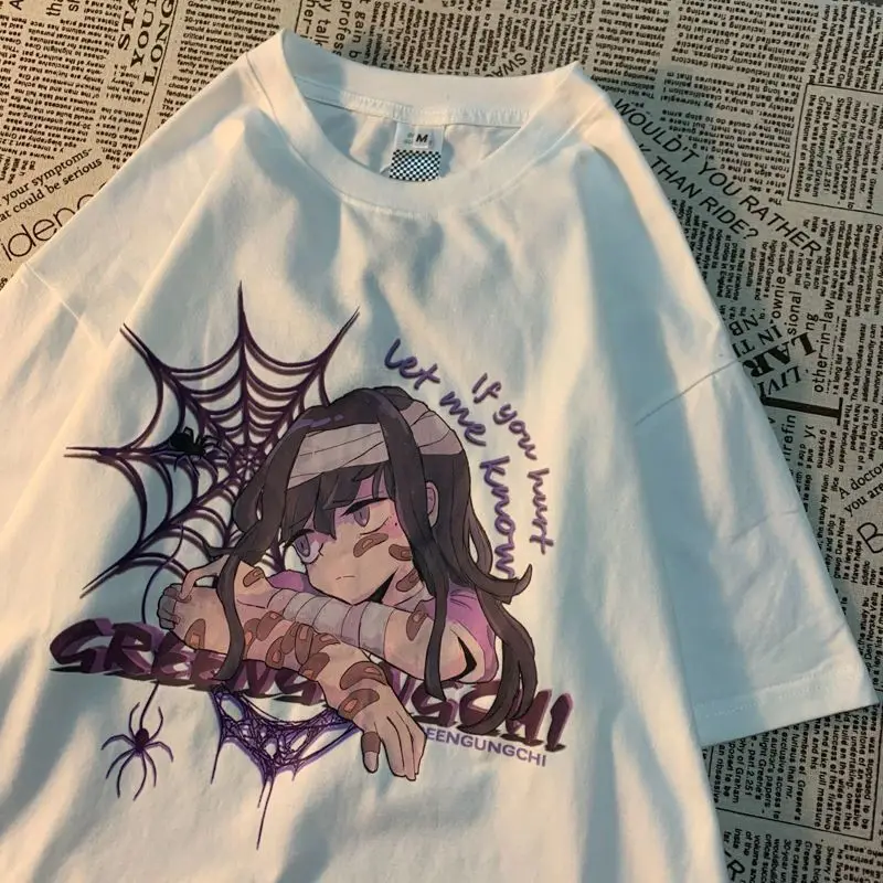 

Японская хлопковая рубашка с мультяшным принтом для девушек, с коротким рукавом, для мужчин и женщин, свободная облегающая футболка, универсальный Повседневный Топ с коротким рукавом