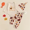 2024-07-23 Lioraitiin Baby Girls Boys First Thanksgiving Outfits Letter Print Long Sleeve Romper with Turkey Pattern Pants Set 1