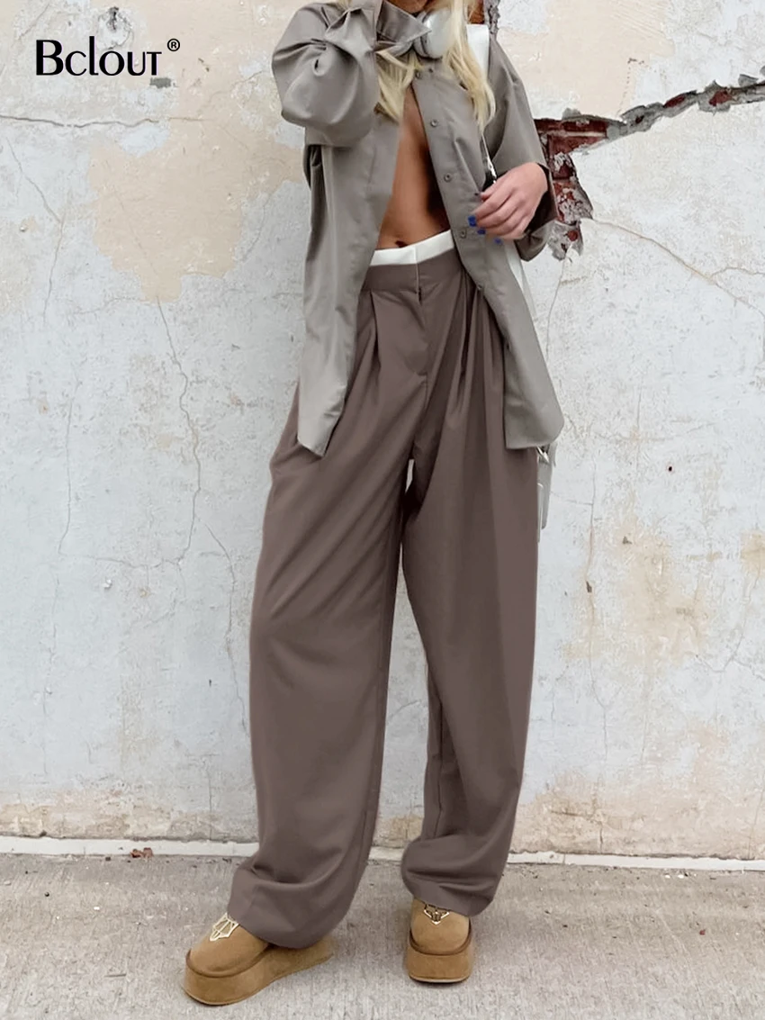 Bclout Autumn Loose Patchwork Pants Woman 2023 Fashion Brown Pleated Wide Leg Pants High Street Oversized Long Trouser For Women