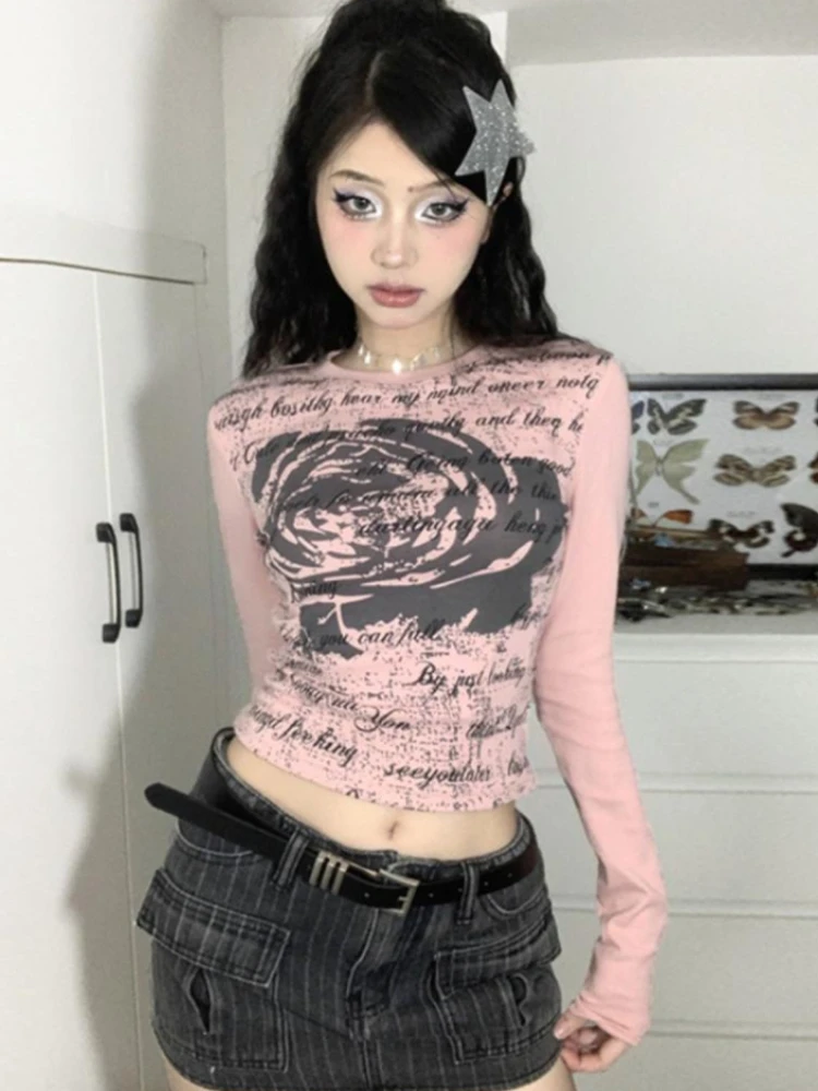 

Deeptown Harajuku Pink Long Sleeve T Shirts Women Vintage Rose Graphic Print Tees Y2K Aesthetic Slim Fit Crop Tops Korean 2000s