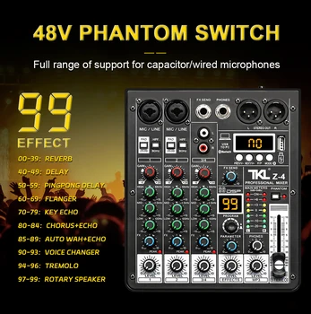 TKL 4 Channel 99 DSP Audio Mixer 48V Phantom Power USB Studio Sound Mixers Bluetooth DJ Console Mixing for Karaok 4