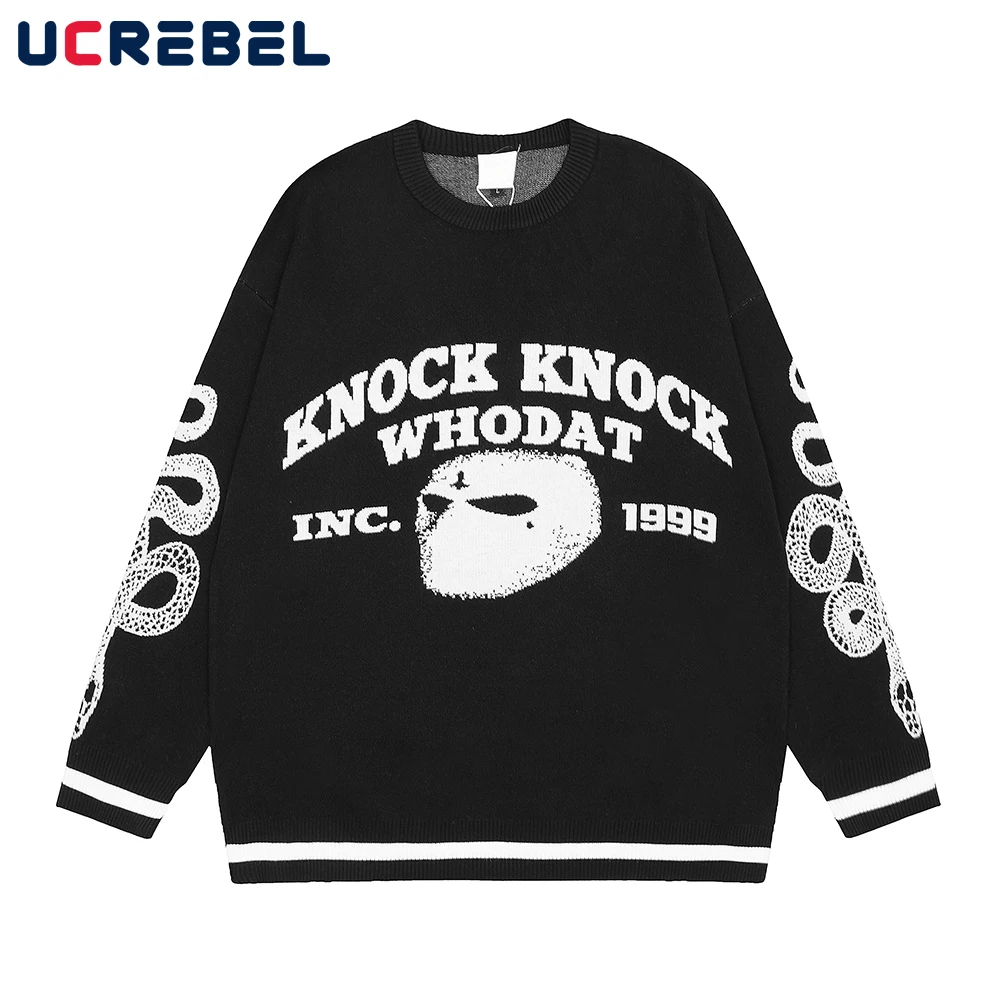 

Letter Jacquard Streetwear Sweater Mens Autumn Loose Crew Neck Long Sleeve Knitted Pullover Men