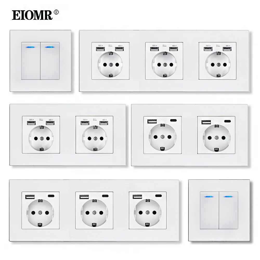 Eiomr ue Interruptores de Parede Soquetes Chama-retardador Painel Usb 5v 2.1a para o Telefone Que Carrega Tomadas de Parede 16a 220v Branco