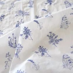 Elegant Blue and White Floral Embroidered Cotton Fabric for DIY Projects and Home Decor (Blue embroidery)