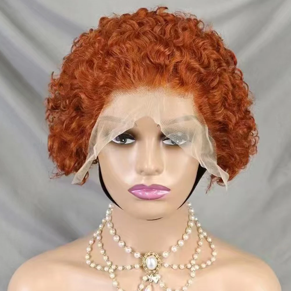 Short Bouncy Curly Pixie Cut Human Hair Wig Ginger 350# Color 180 Density 13x4 Transparent Lace Frontal Hair Wig for Black Women