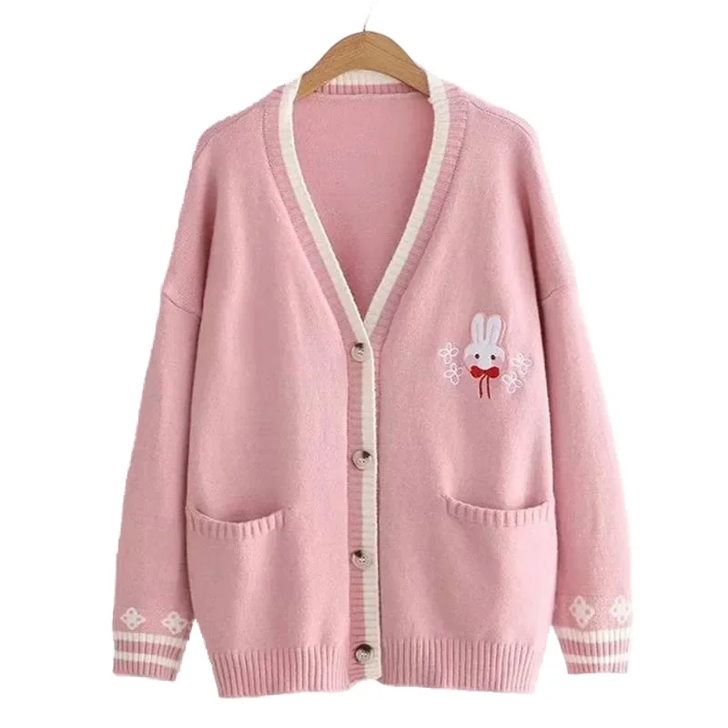 

Sweater Loose Cartoon Embroidery Rabbit Knit Female Spring Autumn Knitwear Women Cardigan Casual Pull Femme